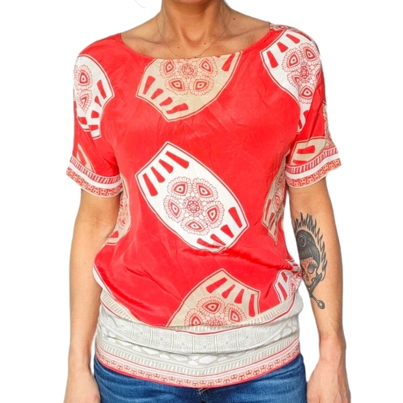 Crème Fraîche Open Back Silk Blouse Size X Small Orange Creme Short Sleeve - Picture 2 of 6